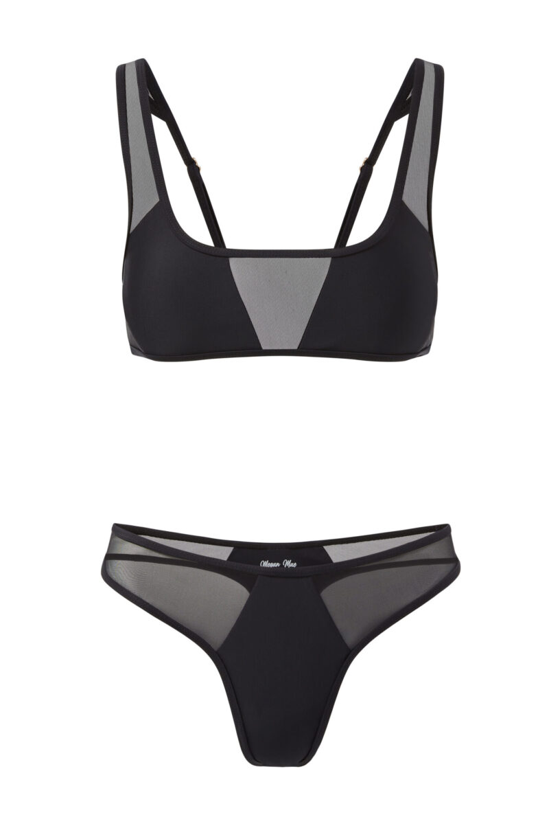 a product image of a black bikini with mesh details