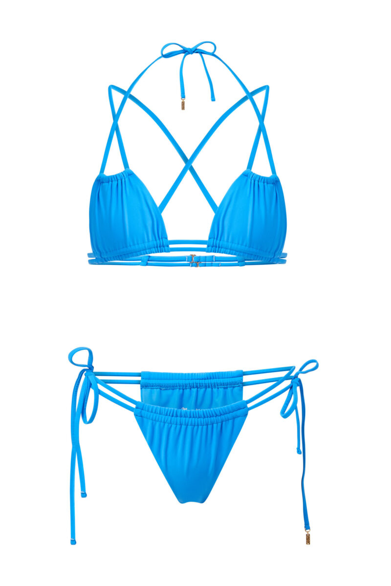 product image of a blue strappy bikini with tie sides
