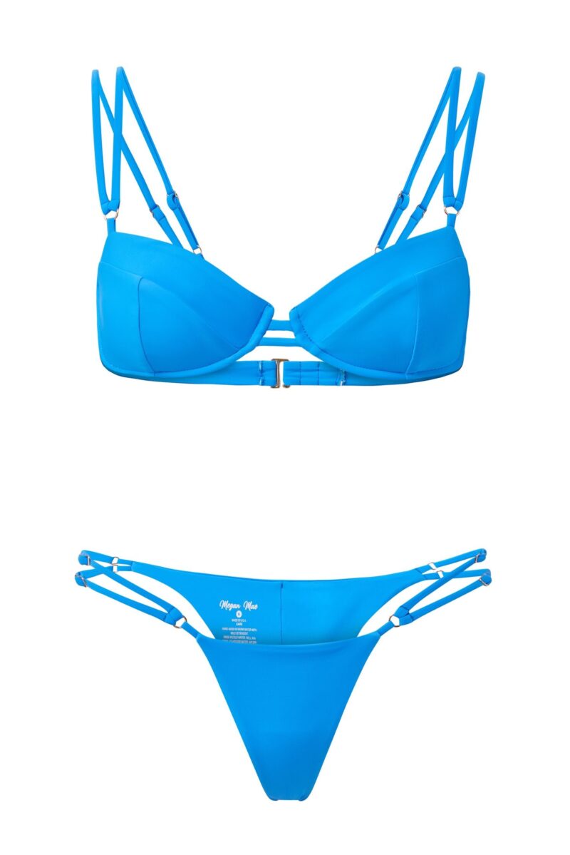 product image of a bright blue strappy underwire bikini