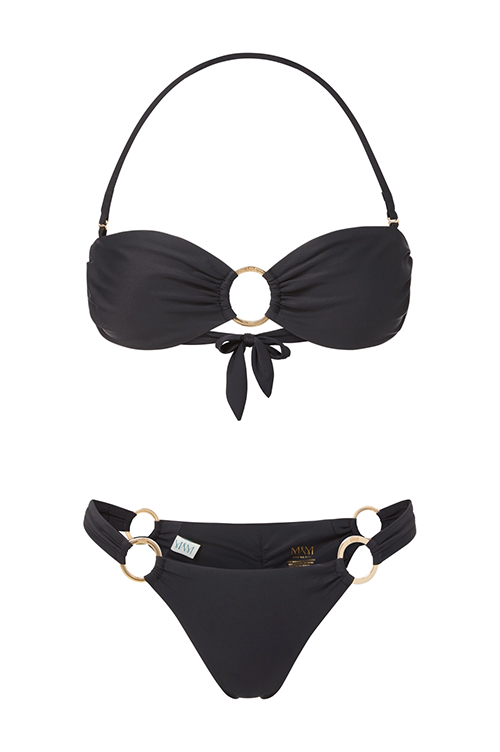a black bandeau bikini set with circle hardware