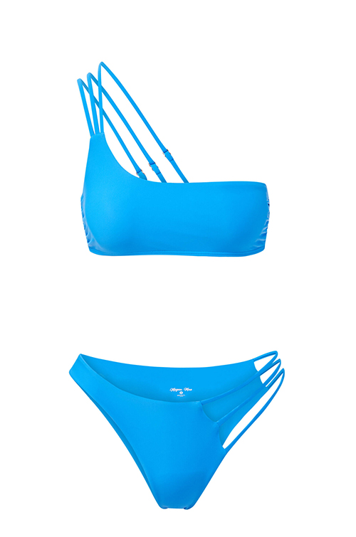 a blue strappy one-shoulder bikini set