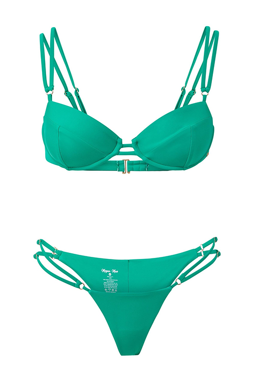 a green underwire bikini top and bottoms